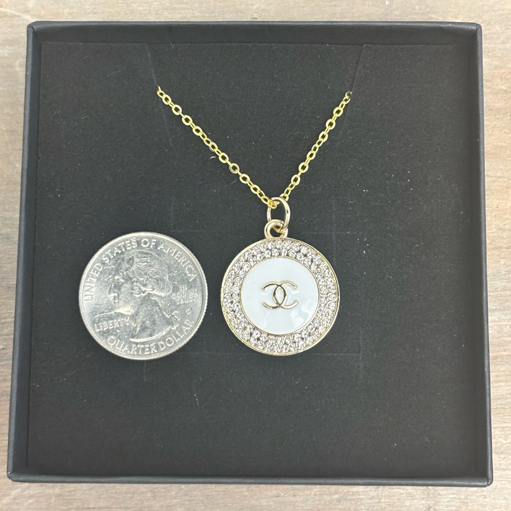 CC CHANEL Gold White Logo Crystal Charm Upcycled Necklace, 18 inches - Picture 4 of 4